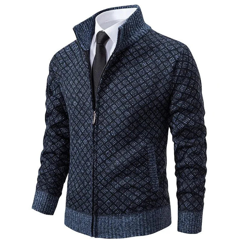 Men’s Zip-Up Cardigan | Classic Diamond Pattern Sweater