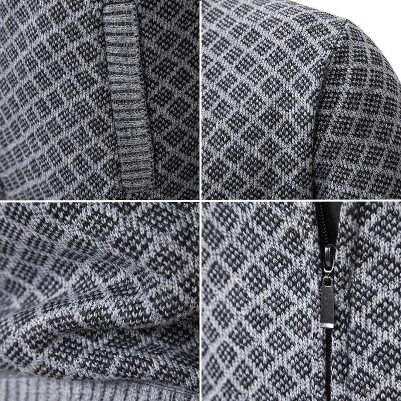 Men’s Zip-Up Cardigan | Classic Diamond Pattern Sweater