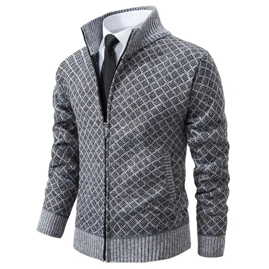 Men’s Zip-Up Cardigan | Classic Diamond Pattern Sweater
