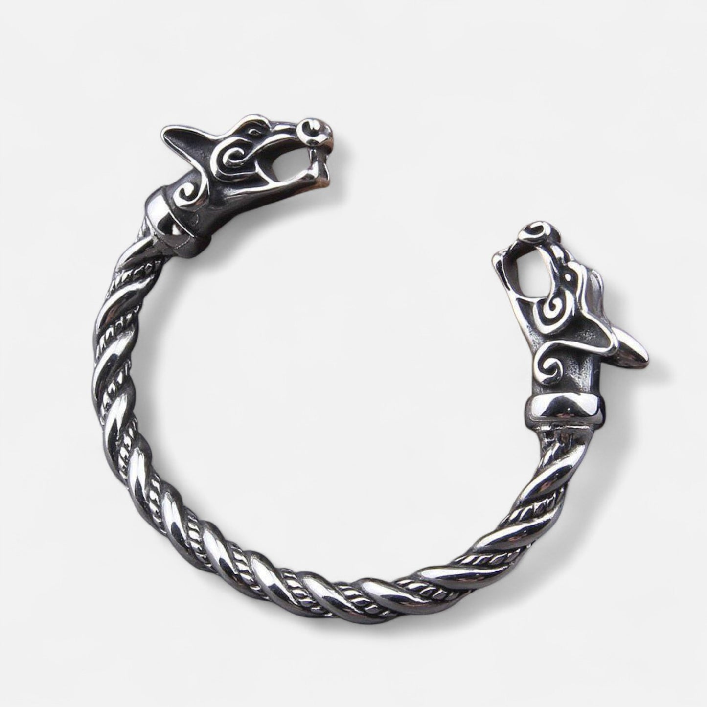 Valcien | Men's Wolf Head Torc Bracelet – Stainless Steel Strength, Symbolic Power