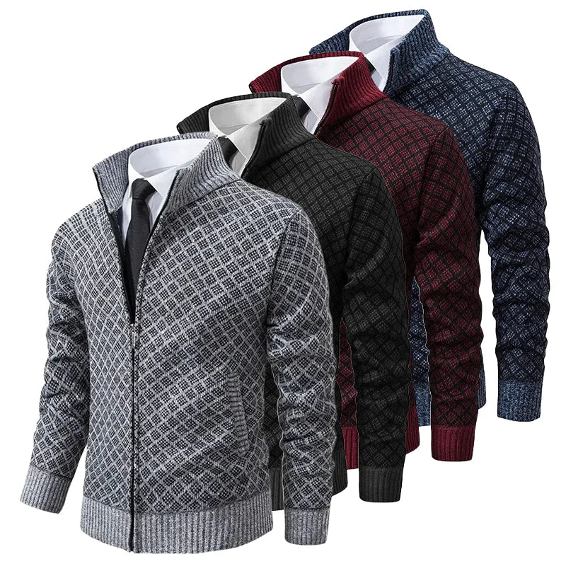 Men’s Zip-Up Cardigan | Classic Diamond Pattern Sweater