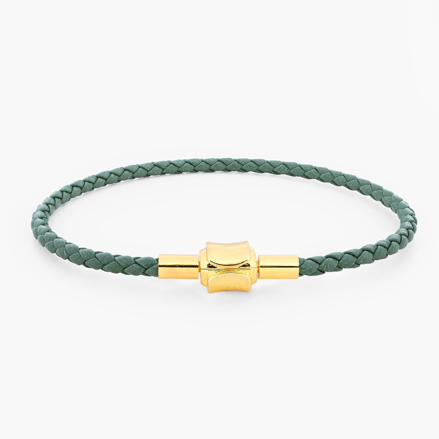 Braided Genuine Leather Green Bracelet - Gold Clasp