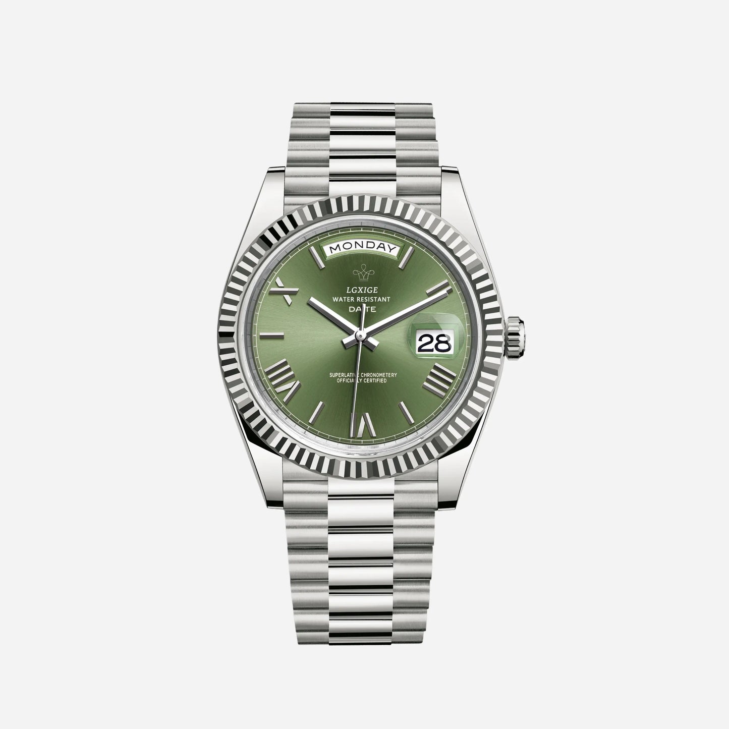 Luxury Stainless Steel Automatic Men's Watch with Day Date Display – Roman Numeral Dial, Water Resistant