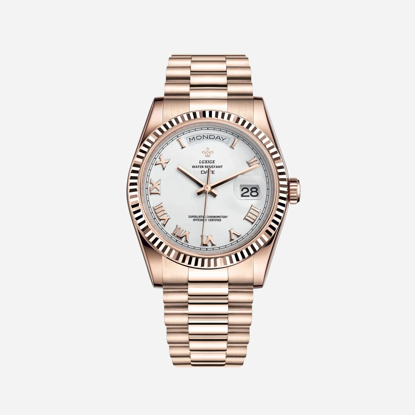 Luxury Stainless Steel Automatic Men's Watch with Day Date Display – Roman Numeral Dial, Water Resistant
