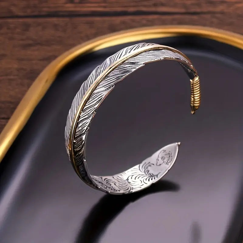 Valcien | Adjustable Vintage Feather Cuff Bracelet – Zinc Alloy Rock Style Jewelry for Men, Comfortable Fit