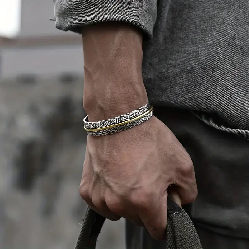 Valcien | Adjustable Vintage Feather Cuff Bracelet – Zinc Alloy Rock Style Jewelry for Men, Comfortable Fit
