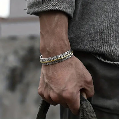 Valcien | Adjustable Vintage Feather Cuff Bracelet – Zinc Alloy Rock Style Jewelry for Men, Comfortable Fit