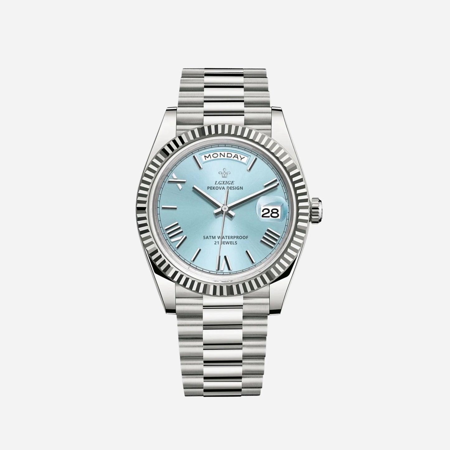 Luxury Stainless Steel Automatic Men's Watch with Day Date Display – Roman Numeral Dial, Water Resistant