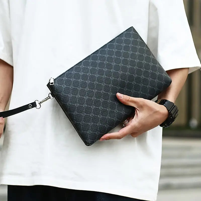 Valcien | Men’s Business Clutch – Black Handbag with Wrist Strap, Golden Zipper, Elegant Daily Office Bag