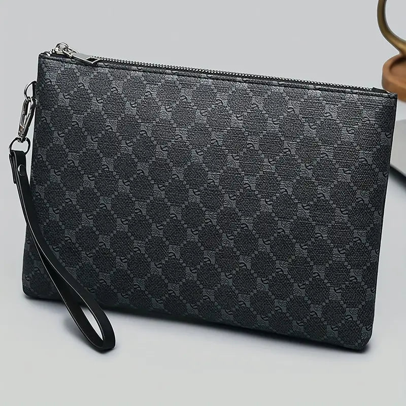 Valcien | Men’s Business Clutch – Black Handbag with Wrist Strap, Golden Zipper, Elegant Daily Office Bag
