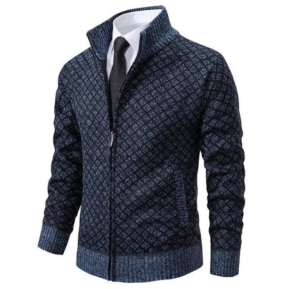 Men’s Zip-Up Cardigan | Classic Diamond Pattern Sweater