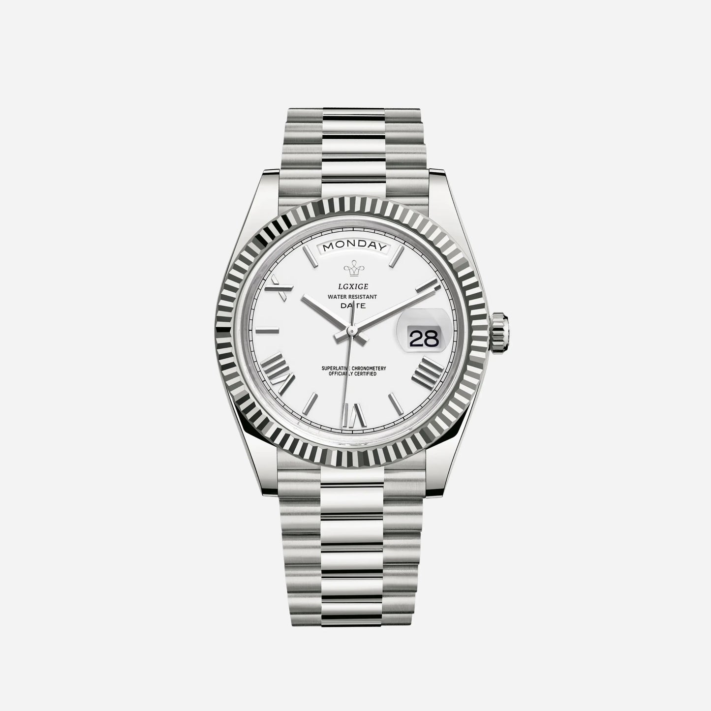 Luxury Stainless Steel Automatic Men's Watch with Day Date Display – Roman Numeral Dial, Water Resistant