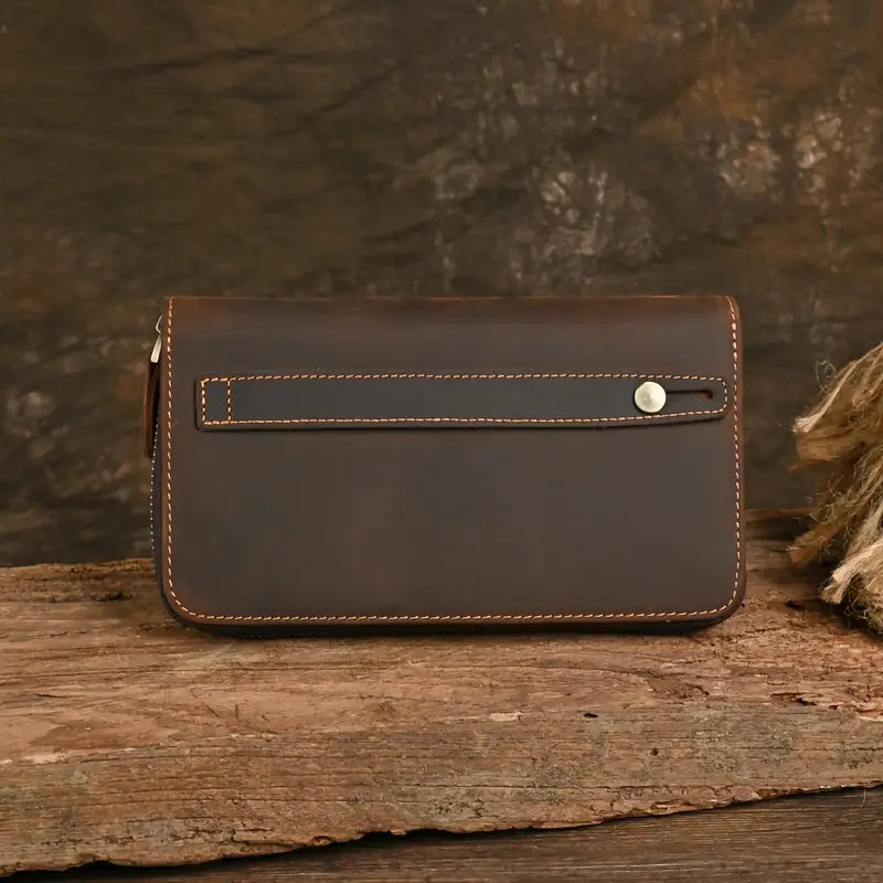 Valcien | Men’s Genuine Leather Clutch Wallet – Large Capacity with Phone & Card Holder, Rugged Crazy Horse Style