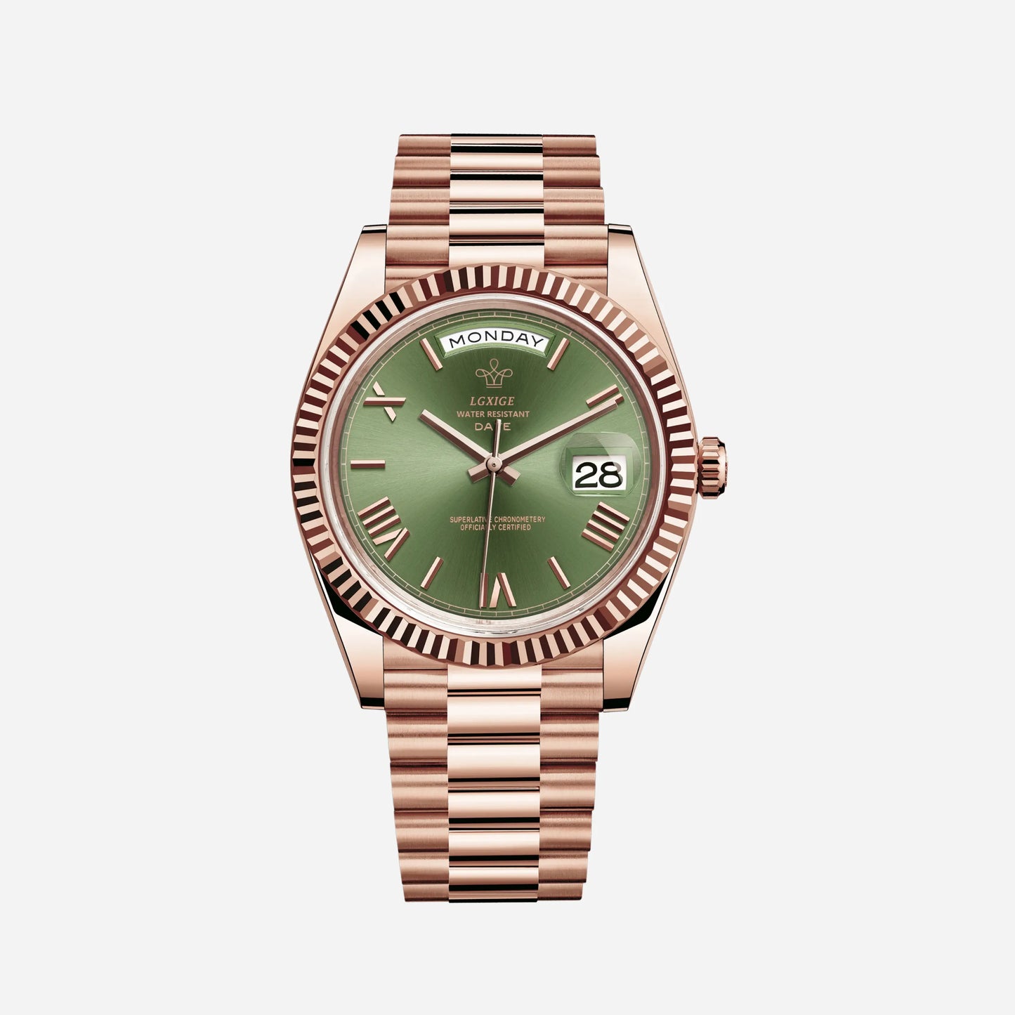 Luxury Stainless Steel Automatic Men's Watch with Day Date Display – Roman Numeral Dial, Water Resistant