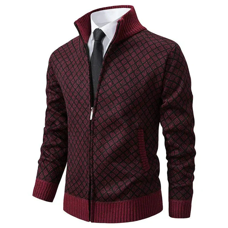 Men’s Zip-Up Cardigan | Classic Diamond Pattern Sweater