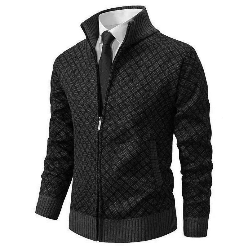 Men’s Zip-Up Cardigan | Classic Diamond Pattern Sweater
