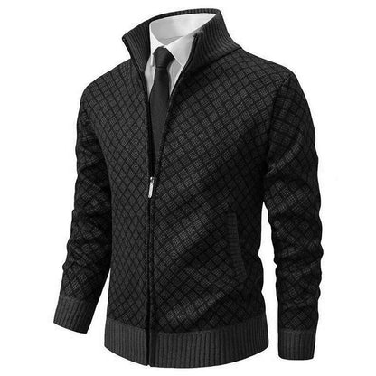 Men’s Zip-Up Cardigan | Classic Diamond Pattern Sweater