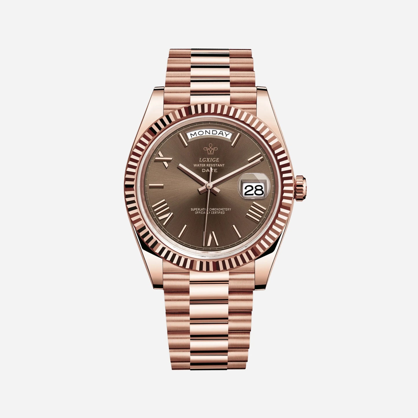 Luxury Stainless Steel Automatic Men's Watch with Day Date Display – Roman Numeral Dial, Water Resistant