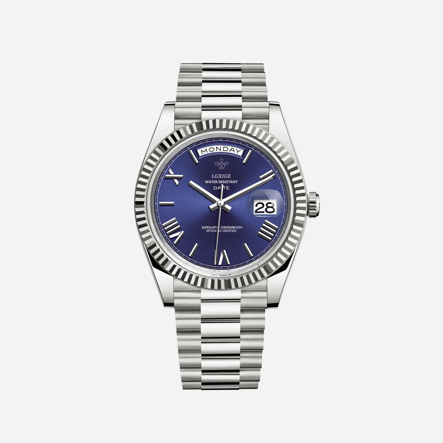 Luxury Stainless Steel Automatic Men's Watch with Day Date Display – Roman Numeral Dial, Water Resistant