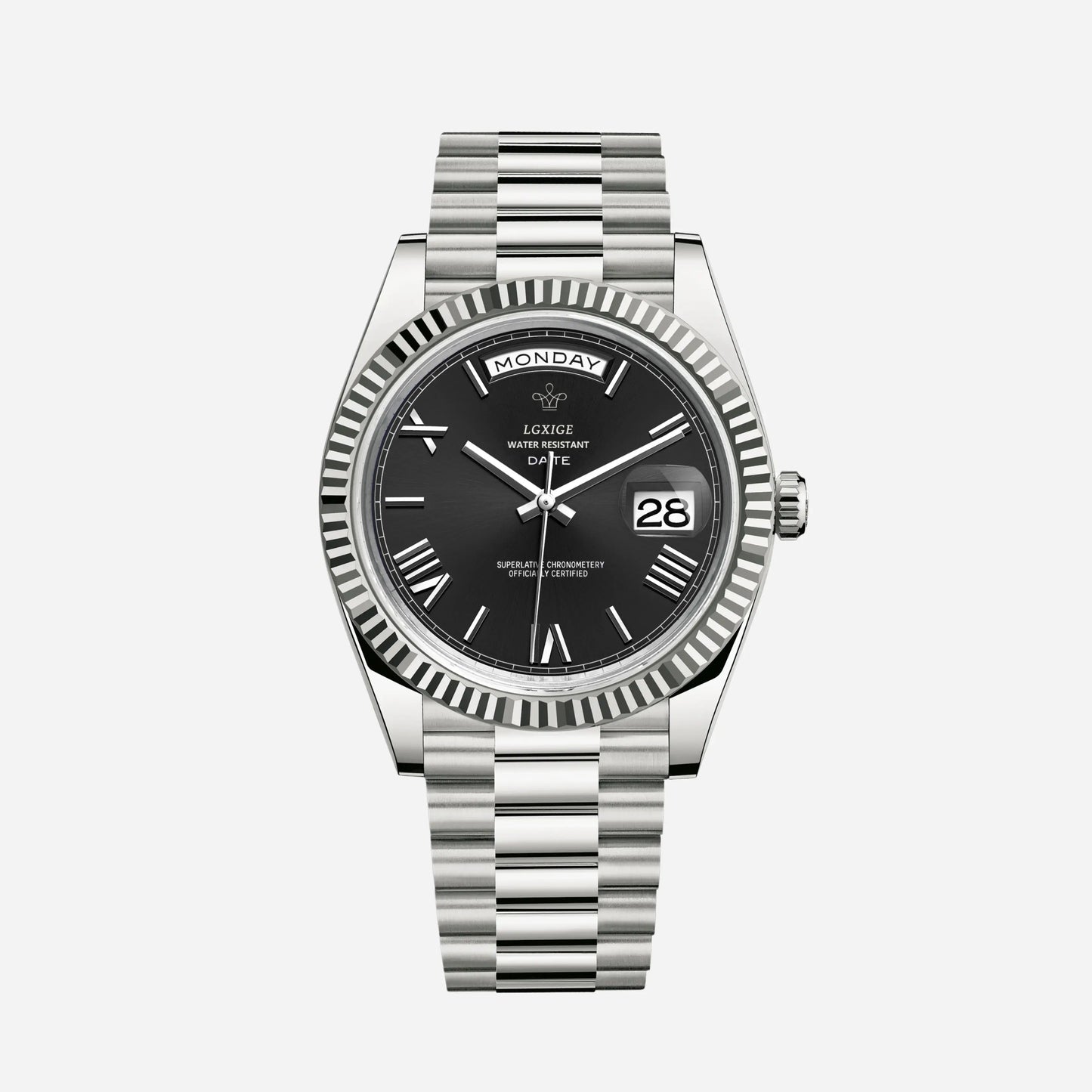 Luxury Stainless Steel Automatic Men's Watch with Day Date Display – Roman Numeral Dial, Water Resistant