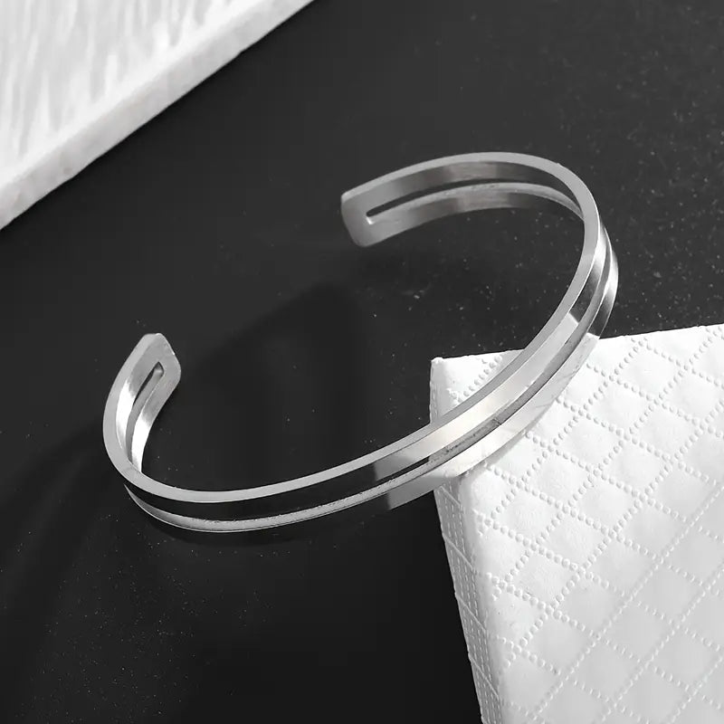 Valcien | Glossy Striped Open Cuff Bracelet – Minimalist Unisex Jewelry Gift, Fashionable & Casual Style