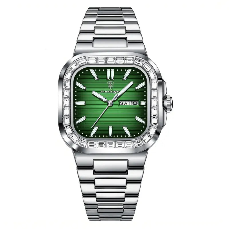 Valcien | Luxury Men’s Dual Calendar Quartz Watch – Rhinestone Accents, Steel Band