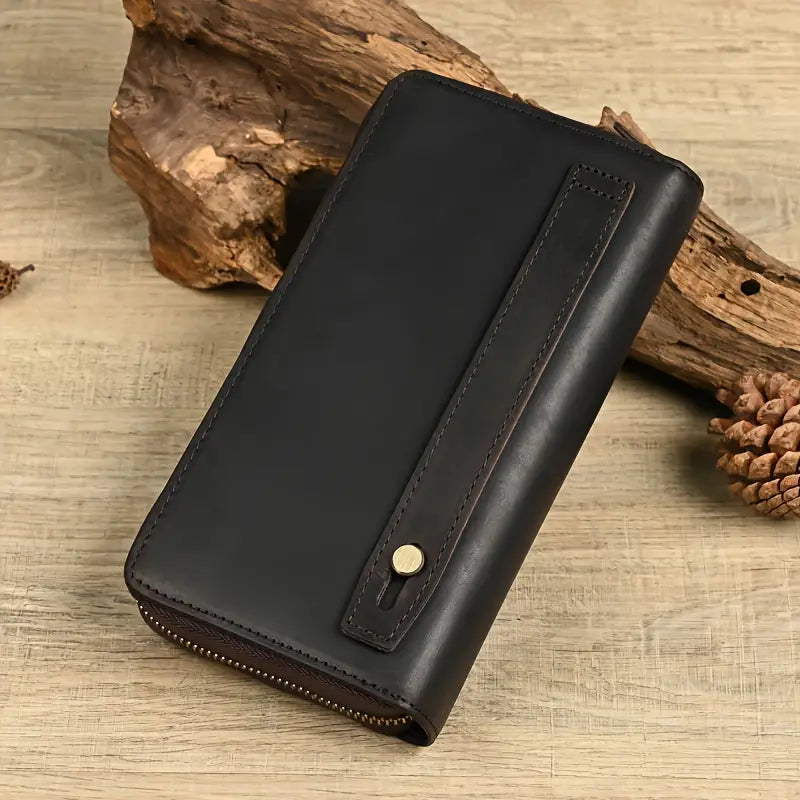 Valcien | Men’s Genuine Leather Clutch Wallet – Large Capacity with Phone & Card Holder, Rugged Crazy Horse Style