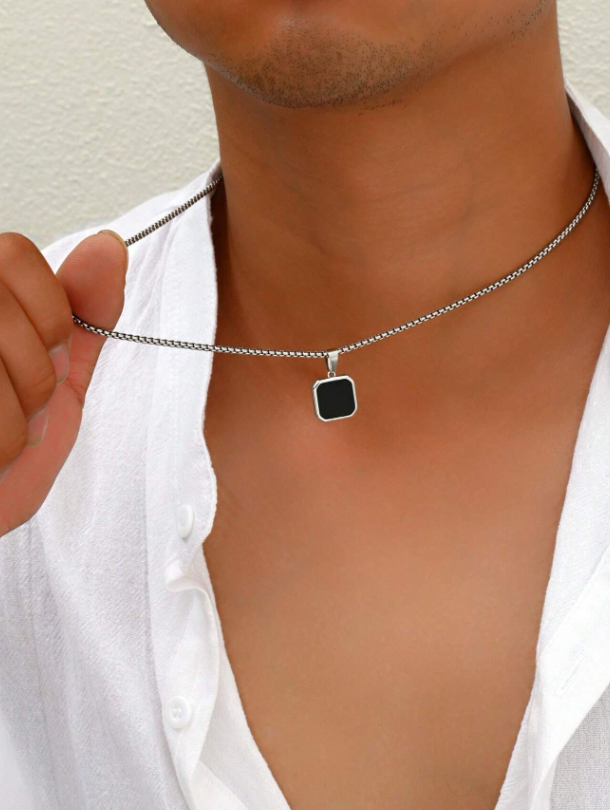 Valcien | Simple Punk Black Painted Pendant Necklace with Stainless Steel Chain – Daily & Business Men’s Accessory