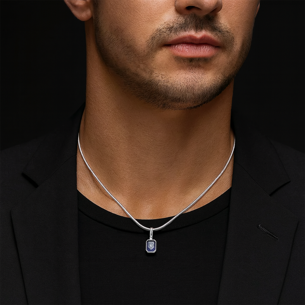 Valcien | Blue Pendant Necklace with Sleek Snake Chain – Minimalist Jewelry Men