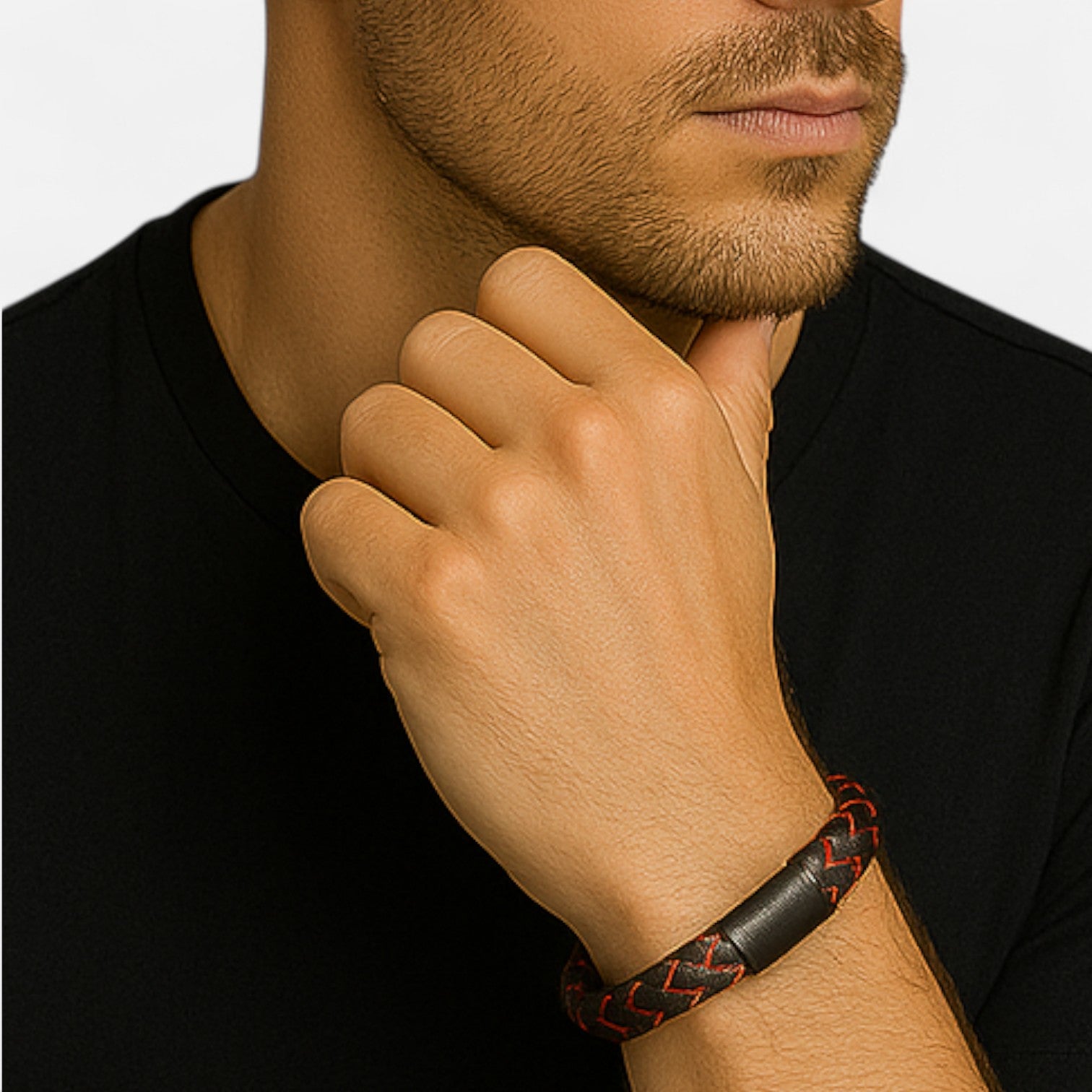 Valcien | Men's Braided Leather Bracelet – Titanium Steel Detail, Rugged Precision