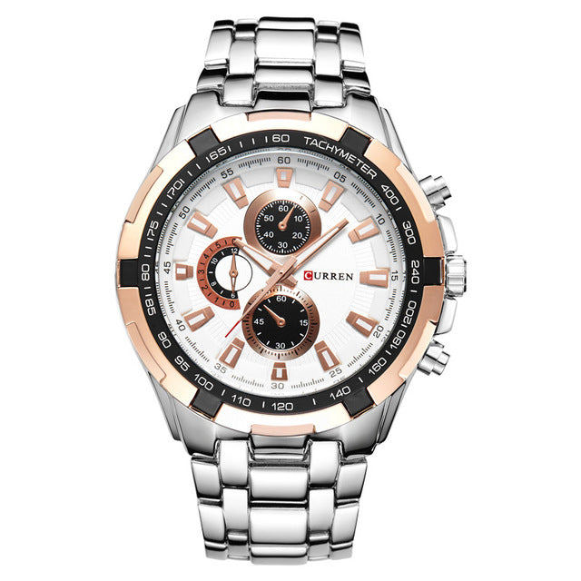 Curren – Men’s Stainless Steel Watch - Black Strap, Rose Gold Case, White Dial