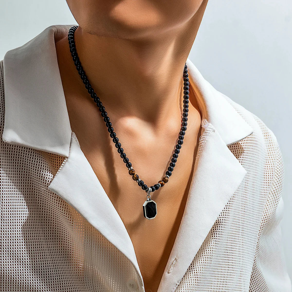 Valcien | Men Black Onyx Beaded Pendant Necklace