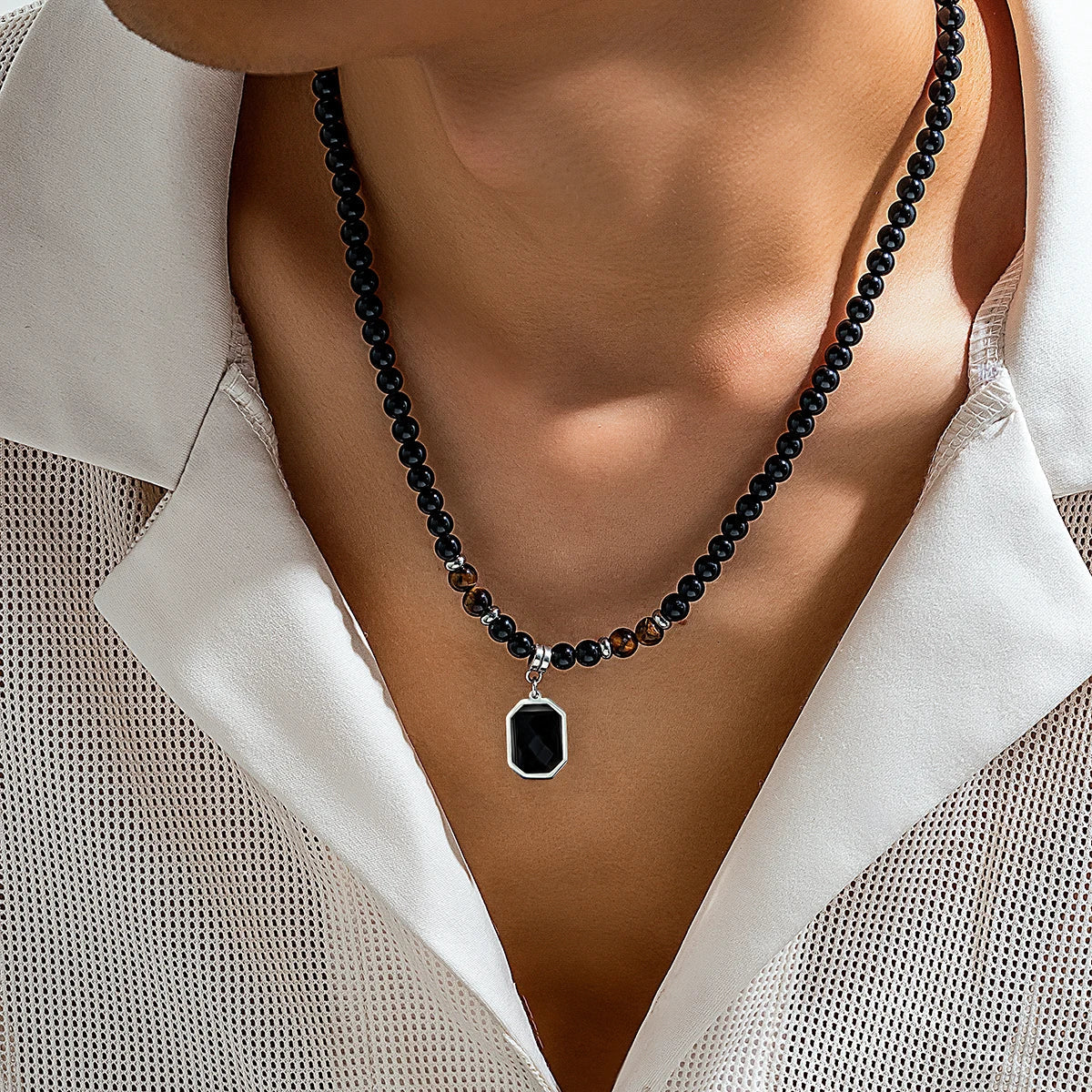 Valcien | Men Black Onyx Beaded Pendant Necklace