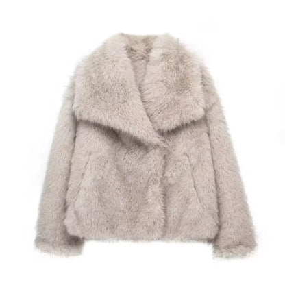 Women Short Woven Fur Coat | Loose Stand Collar Long Sleeve Coat