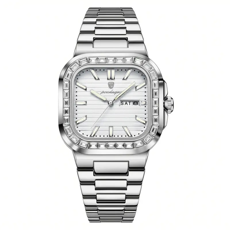 Valcien | Luxury Men’s Dual Calendar Quartz Watch – Rhinestone Accents, Steel Band