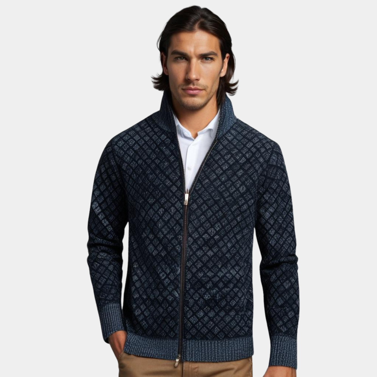 Men’s Zip-Up Cardigan | Classic Diamond Pattern Sweater