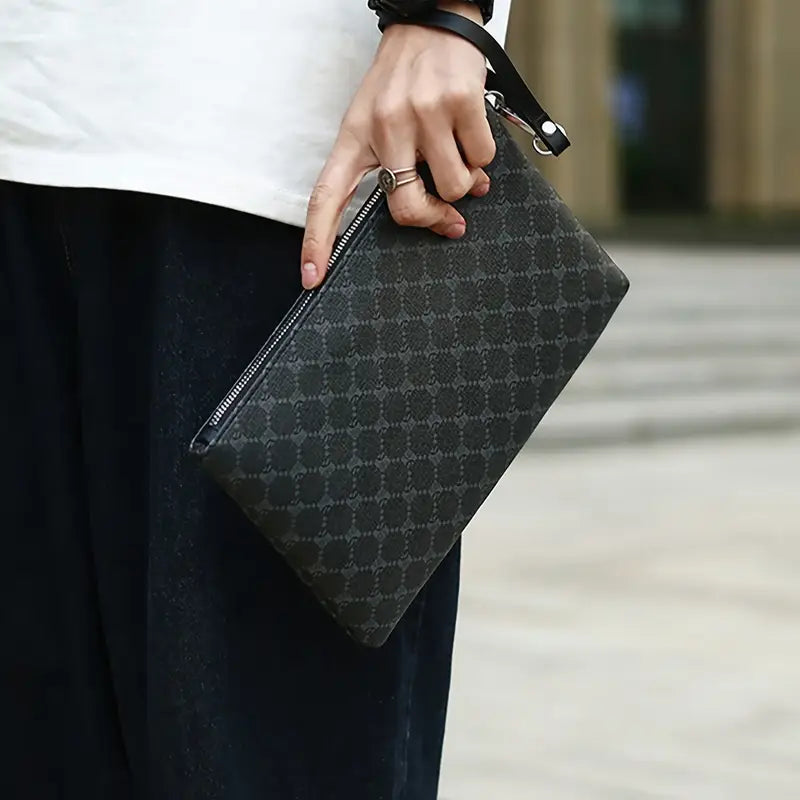 Valcien | Men’s Business Clutch – Black Handbag with Wrist Strap, Golden Zipper, Elegant Daily Office Bag