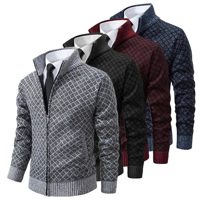 Men’s Zip-Up Cardigan | Classic Diamond Pattern Sweater