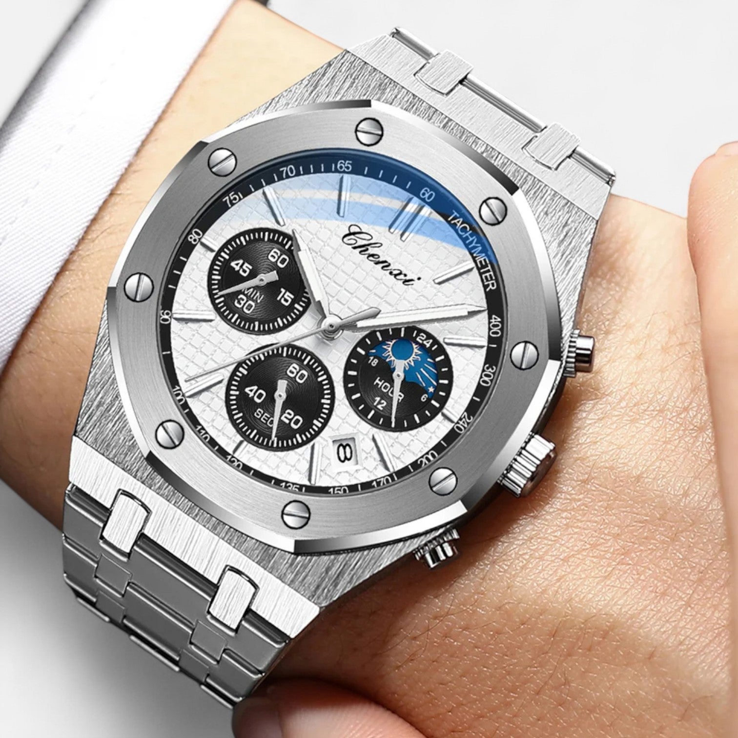 Valcien | Men's Chronograph Moon Phase Watch – Quartz Movement, Waterproof Design