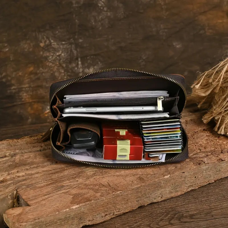 Valcien | Men’s Genuine Leather Clutch Wallet – Large Capacity with Phone & Card Holder, Rugged Crazy Horse Style