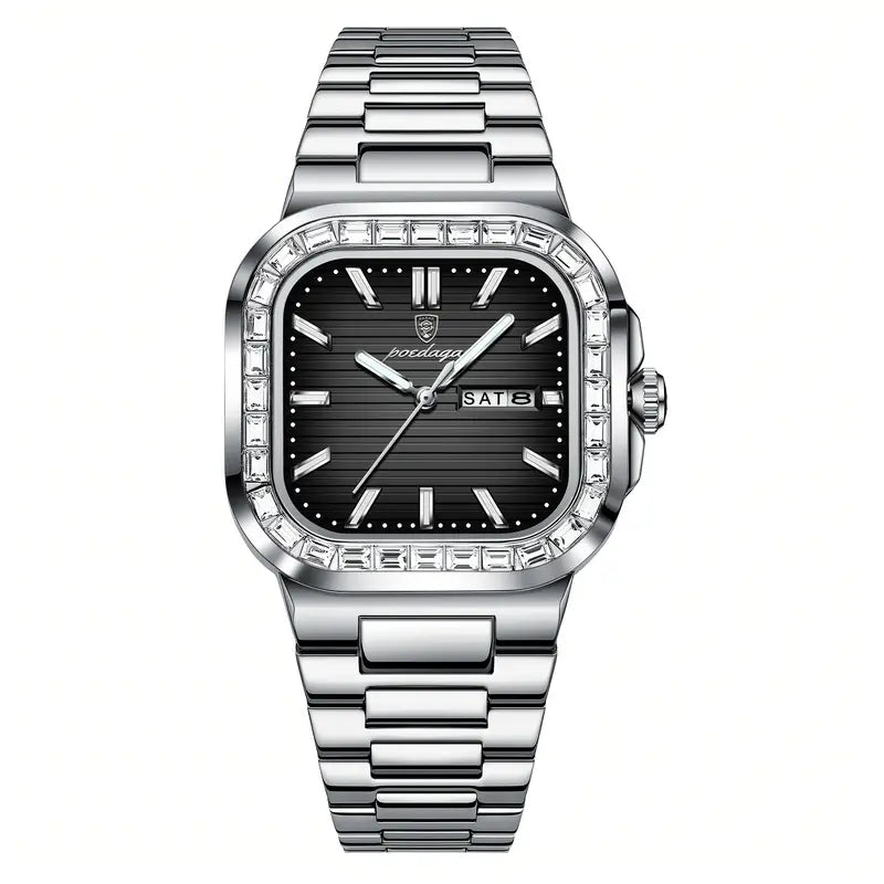 Valcien | Luxury Men’s Dual Calendar Quartz Watch – Rhinestone Accents, Steel Band